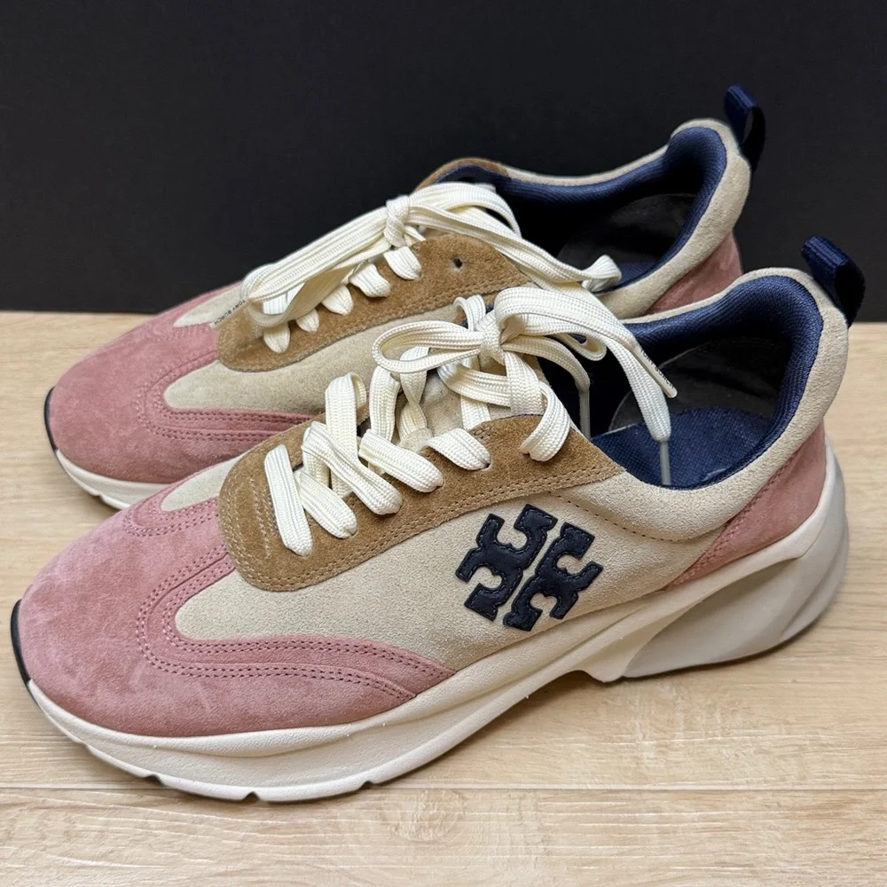 Tory Burch Good Luck T-Logo Suede Sneakers, SIZE 9 1/2 US